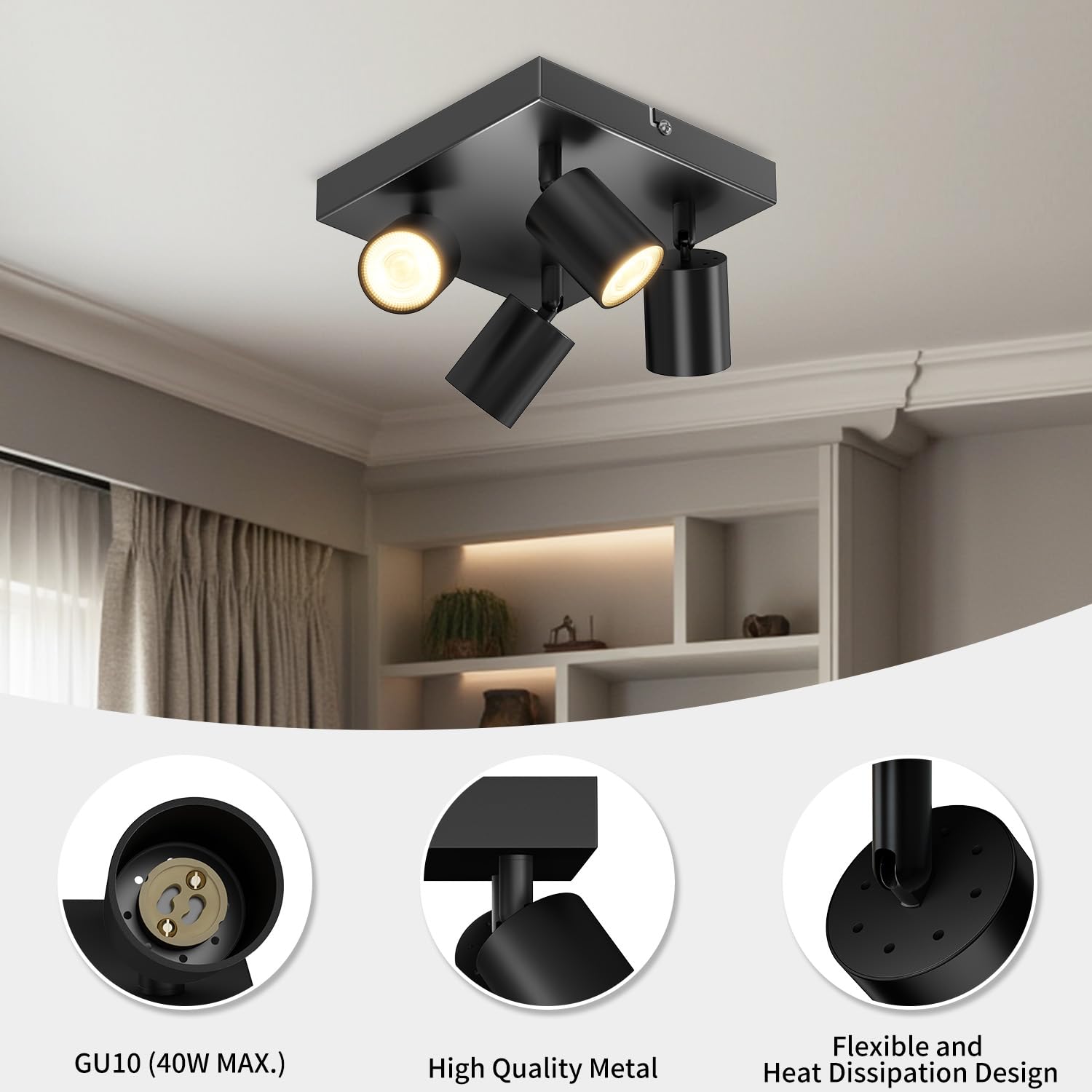 LVWIT Plafonnier Spot LED GU10, Luminaires Intérieur Noir Givré Rectangulaire, Spots de Plafond 4 flammes, Métal Rampe (Sans Ampoule)
