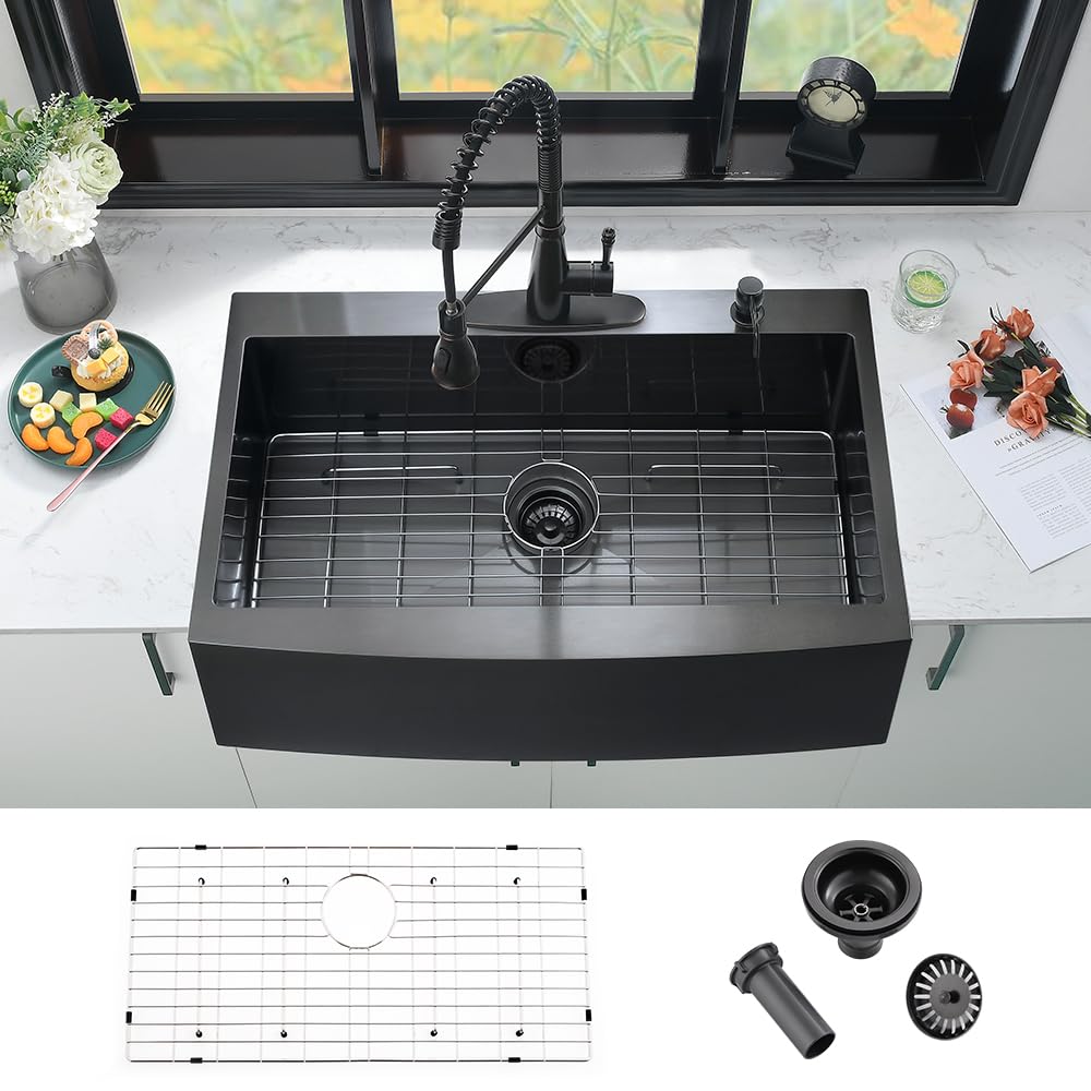 33 Inch Drop In Farmhouse Sink Black-iAnomla 33x22 Drop In Farmhouse Sink Matte Black Stainless Steel Apron Front Farmhouse Kitchen Sink 16 Gauge Deep Single Bowl Kitchen Farm Sink with Accessories