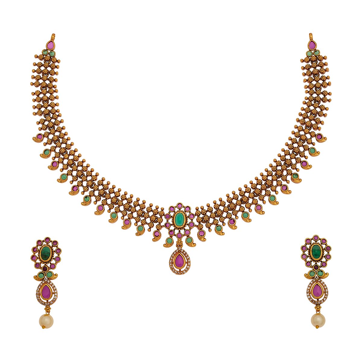 Fashion Jewellery Gold Polished Antique Necklace Set | Short Necklace For Women | With Push Back Hangings-image-39