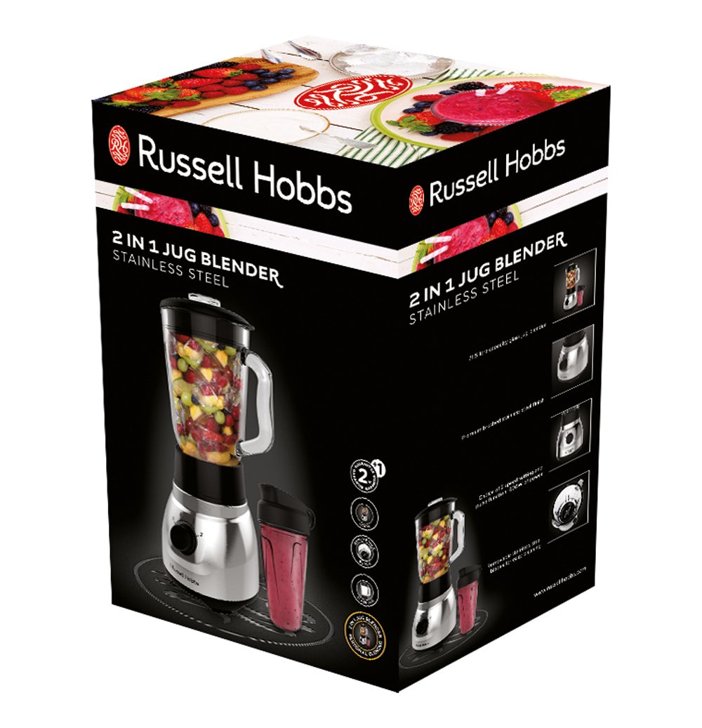 Russell Hobbs Blender [Polyvalent, Puissant & Rapide] Essential (Bol en verre 1,5L + Gourde Nomade, 4 Lames en acier Inox, 2 vitesses, Smoothie, Utilisation & Nettoyage facile) Mixeur 23821-56