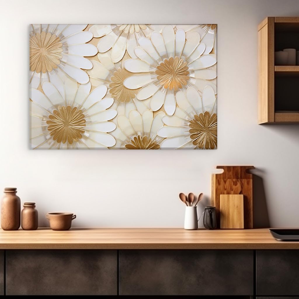 Canvas for Living room. Elegance in Bloom: A Modern Twist on Floral Patterns with White and Gold Splendor, 27 x 18 inch Canvas Wall Art - Ready to Hang - 69x46 cm (27x18 inch)