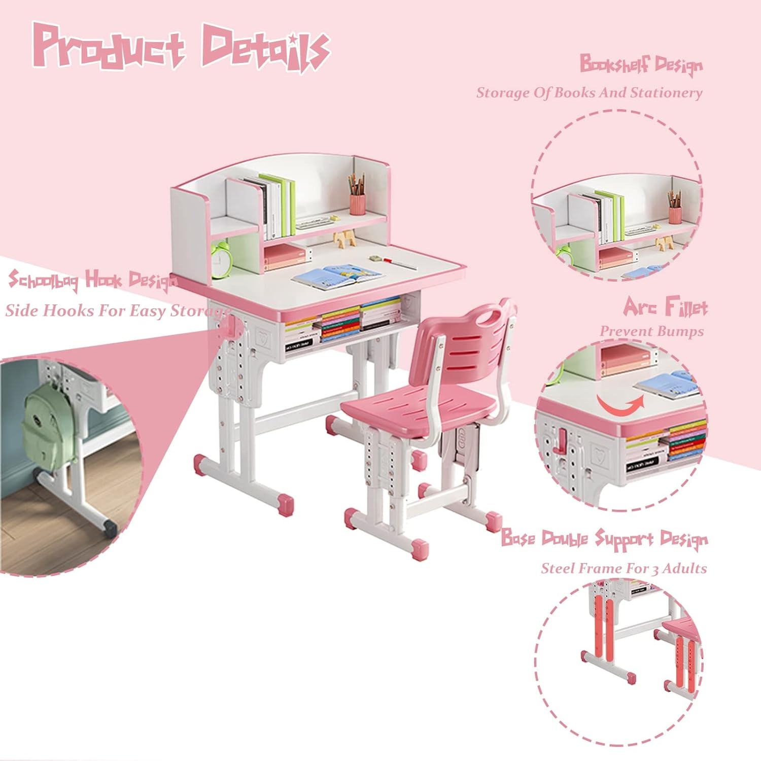 Kids' Study Desk Chair Sets, Pink, Adjustable Height, Ergonomic Design, Large Storage Drawer, Built-in Bookshelf, Bedroom Furniture