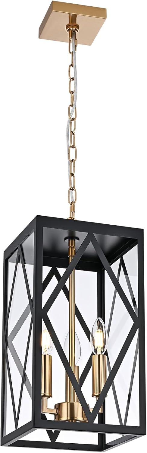 3-Light Outdoor Pendant Lights for Porch 15.7'' Outdoor Chandelier Black & Brushed Brass Exterior Hanging Porch Light Fixtures w/Clear Glass, Waterproof Outside Pendant Lantern for Front Door Black & Brushed Brass 3 Lights