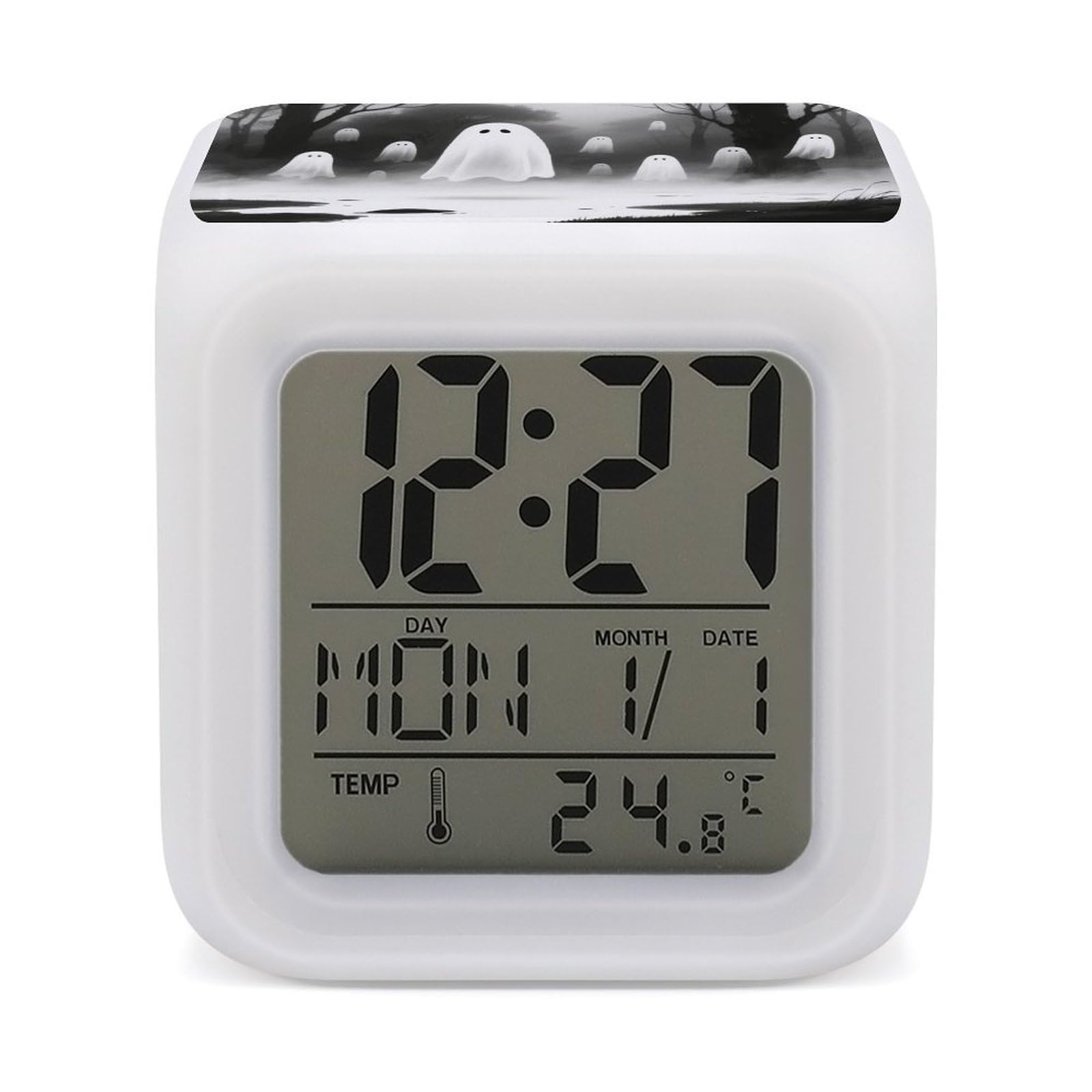 VstaDank Ghost Alarm Clock with Date Temperature Large LED Display Number Clocks with 7 Colors Changing Desk Clock Battery Operated Digital Clocks with Date for Heavy Sleepers
