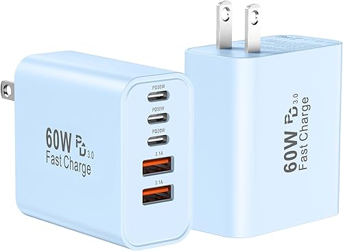 Miniatura 8 de Bloque de cargador de pared rápido USB C, paquete de 2 cubos de carga USBC de 60 W, adaptador de corriente PD+QC de 5 puertos ladrillo multipuerto