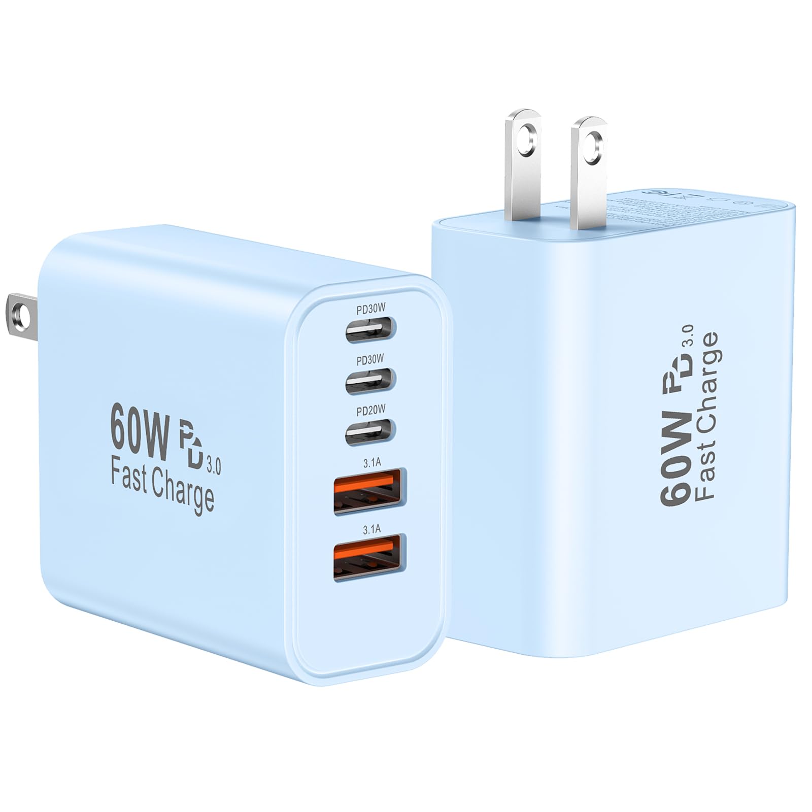 USB C Fast Wall Charger Block 2Pack 60W USBC Charging Cubes 5-Port PD QC Power Adapter Multiport Brick