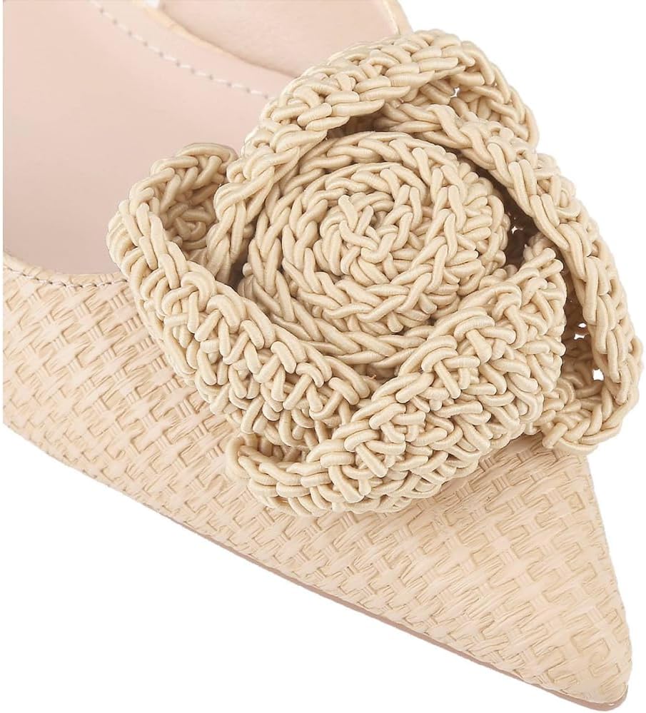 Women's Woven Braided Pointed Toe Slingback Flats Low Wedge Heel Raffia Flower Slip-On Heel Pump Summer Elegant Basics Business Casual Business Chic Spring Shoes Spring Break Easter