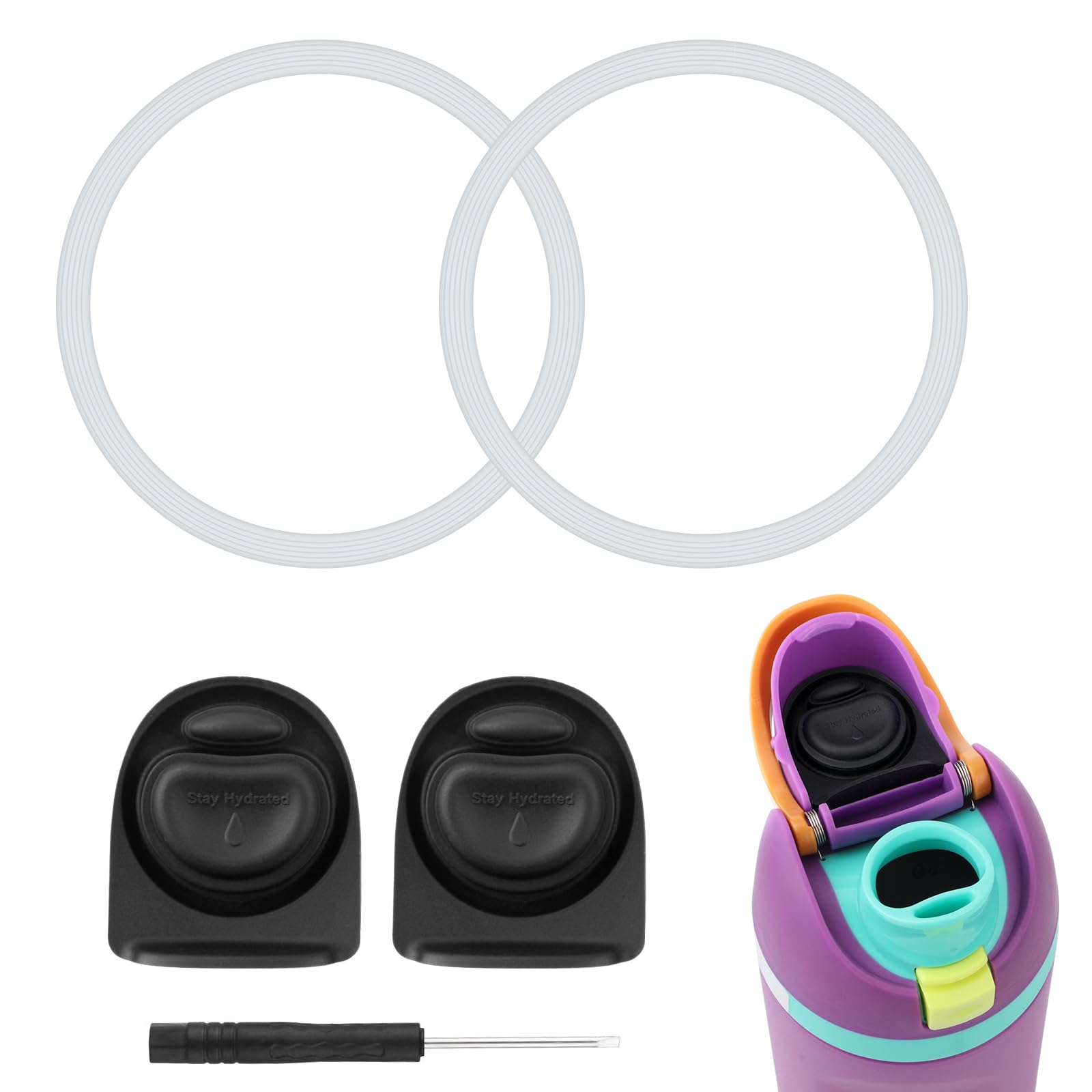 2pcs Rubber Bottle O Seal Ring & 2pcs Replacement Stopper for Owala FreeSip 24oz 32oz, BPA-Free Silicone Water Bottle Top Lid Mouth Parts for Owala 16/19/24/32/40oz Cap Gasket Plug Accessories(Black)