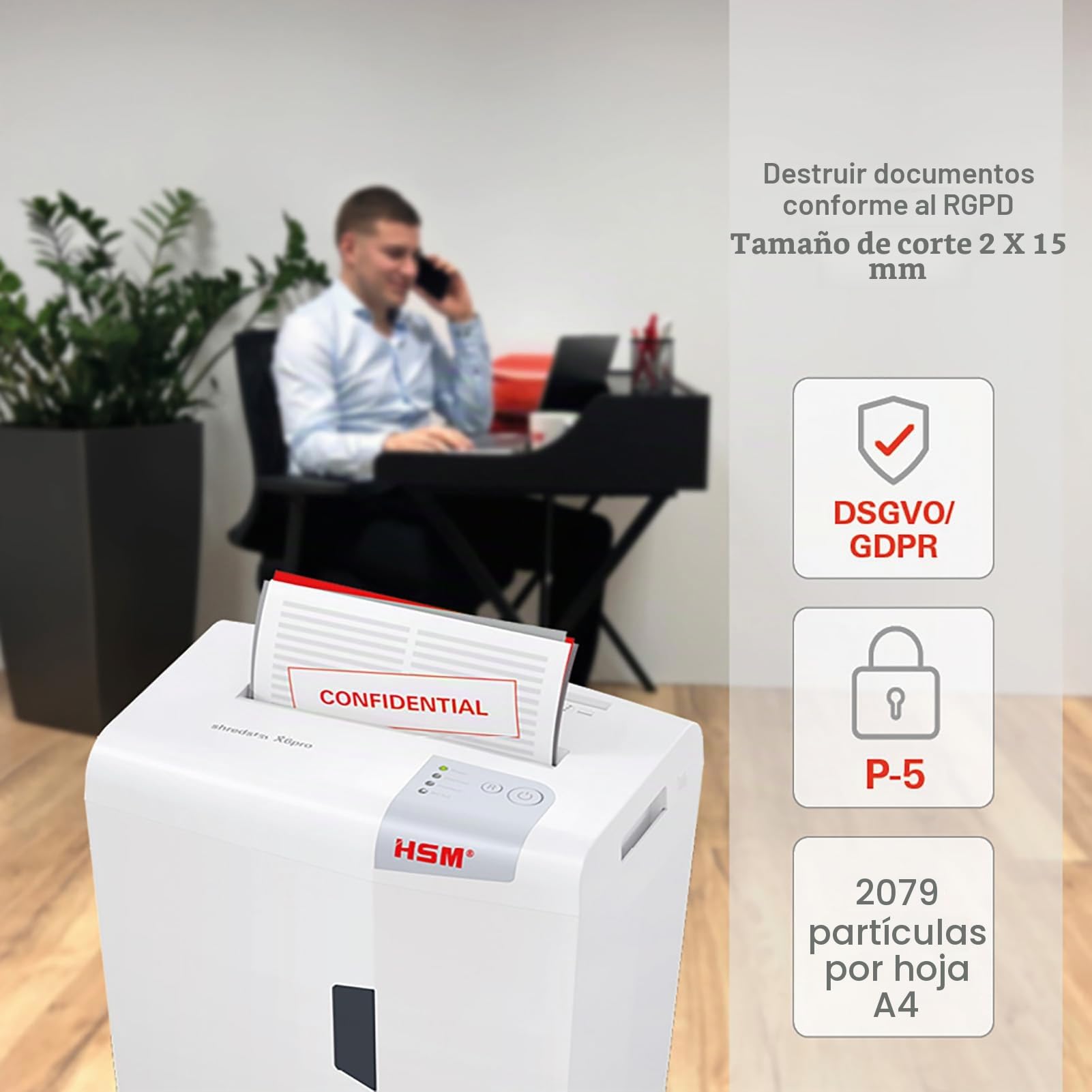HSM Shredstar X6Pro - Destructora de documentos, 2 x 15 mm, color blanco plata | Volumen de recogida 20 l,