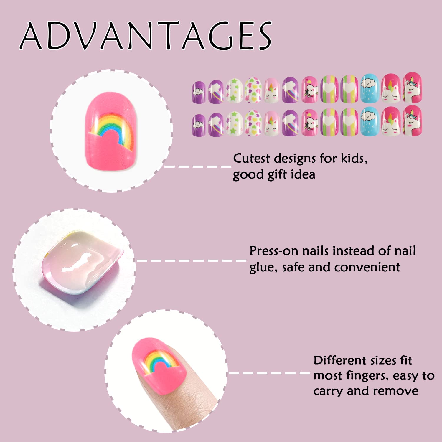 Laza Kit di 72 unghie finte per bambini, a pressione, copertura completa, rosa, giallo, blu, cuore, ciambella, nuvola, unicorno, corte, per bambini, adolescenti, ragazze, rosa arcobaleno