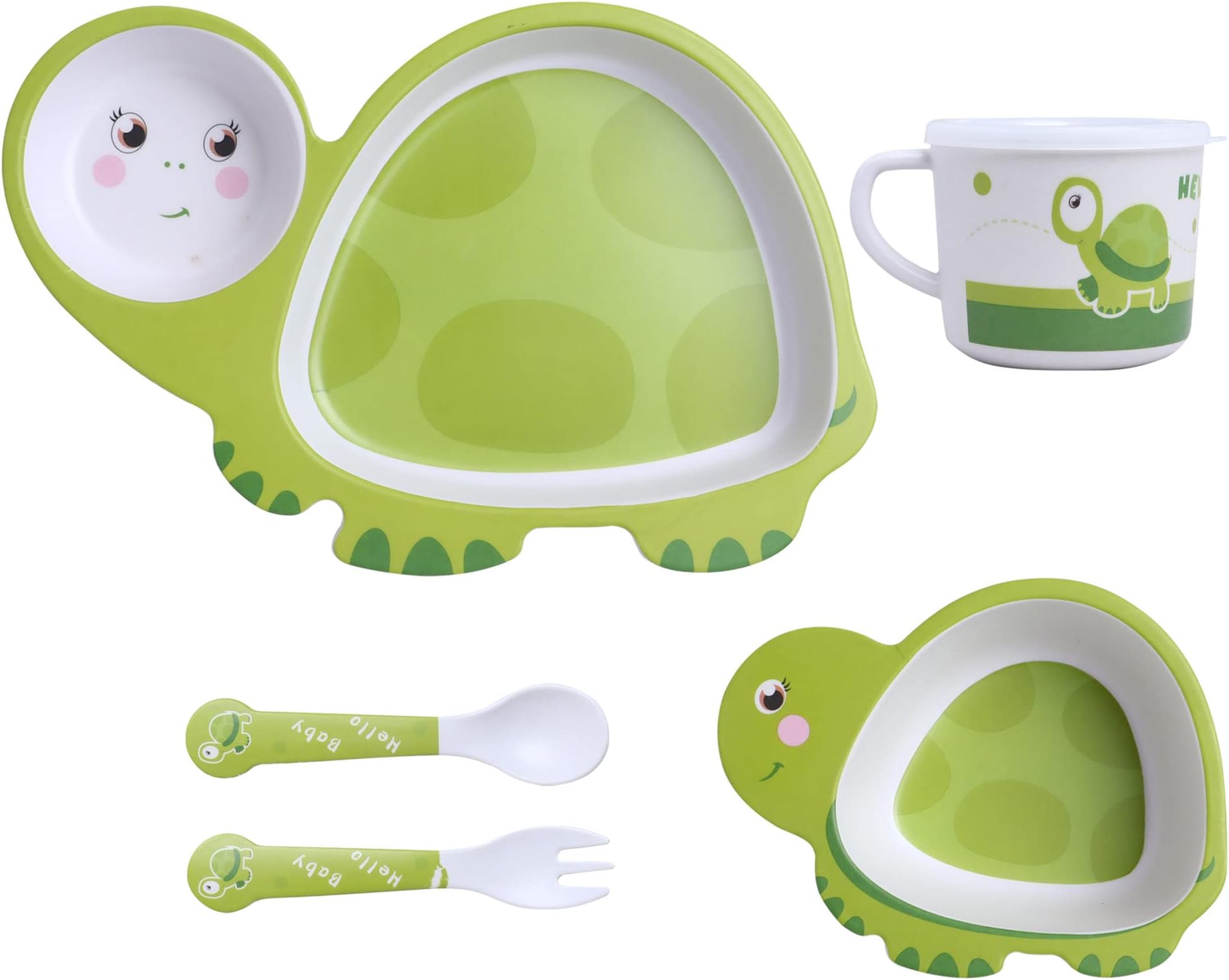 Eco Friendly Bamboo Fiber Dinner Set, 5 Pcs Tableware Crockery Set for Weaning Toddler & Self Feeding Baby Utensil Set for Baby Kids (Green Turtle)