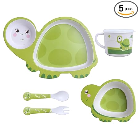 POLKA TOTS Eco Friendly Bamboo Fiber Dinner Set, 5 Pcs Tableware Crockery Set for Weaning Toddler & Self Feeding Baby Utensil Set for Baby Kids (Green Turtle)