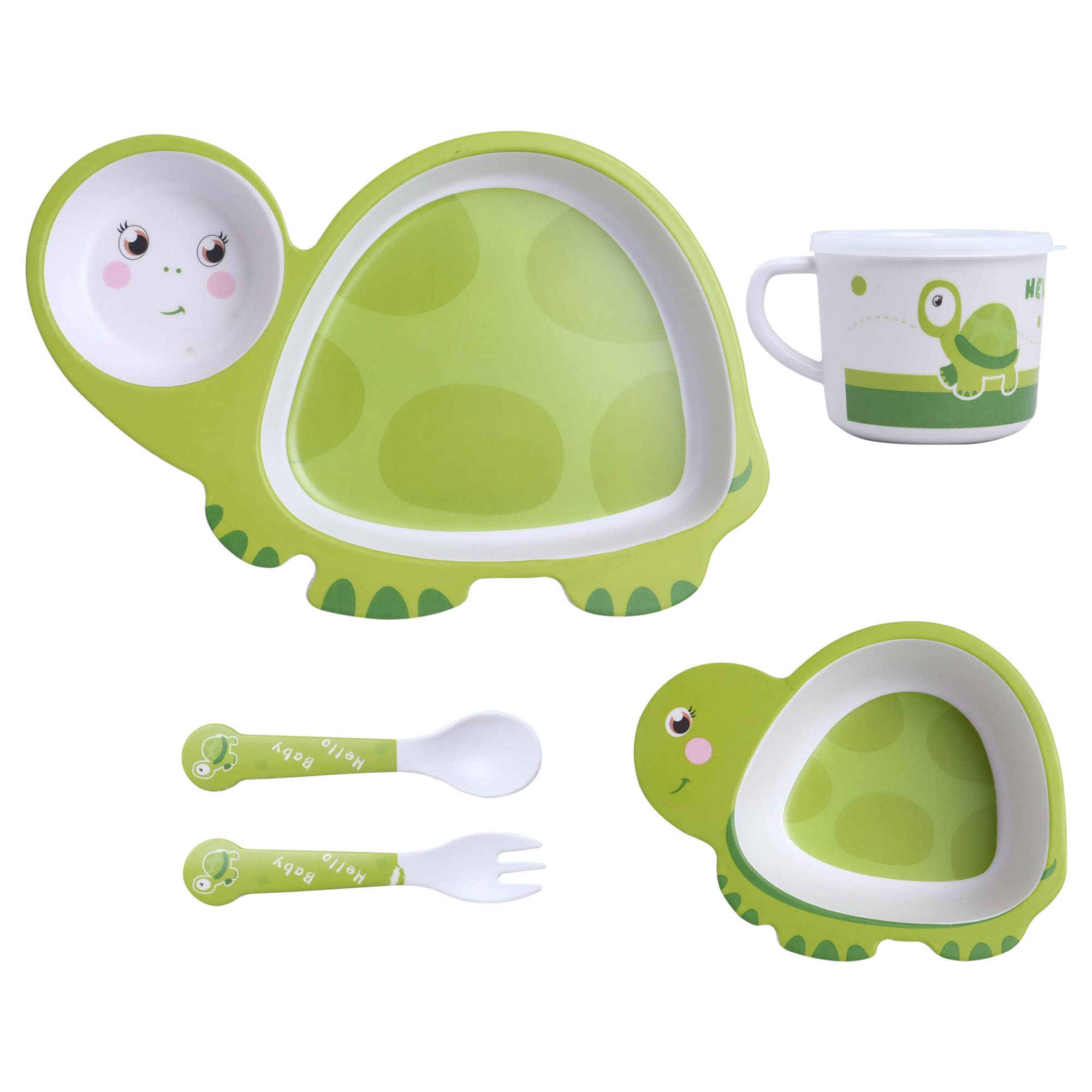 POLKA TOTS Eco Friendly Bamboo Fiber Dinner Set, 5 Pcs Tableware Crockery Set for Weaning Toddler & Self Feeding Baby Utensil Set for Baby Kids (Green Turtle)