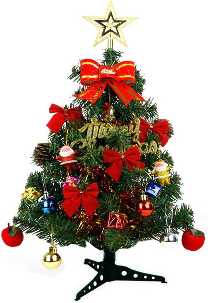 24 Inch Tabletop Xmas Tree, Artificial Mini Christmas Pine Tree with LED String Lights and Ornaments, Christmas Tree Small Pine Tree Placed on The Desktop for Home Office Green