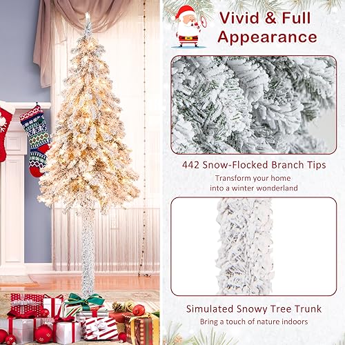 Goplus-6ft-Pre-Lit-Slim-Pencil-Christmas-Tree-Artificial-Snow-Flocked-Xmas-Tree-with-175-Warm-White-Incandescent-Lights-442-Branch-Tips-Metal-Plate-Stand-for-Office-Home-Holiday-Decor Goplus 6ft Pre Lit Slim Pencil Christmas Tree Artificial Snow Flocked Xmas Tree with 175 Warm White Incandescent Lights 442 Branch Tips Metal Plate Stand for Office Home Holiday Decor