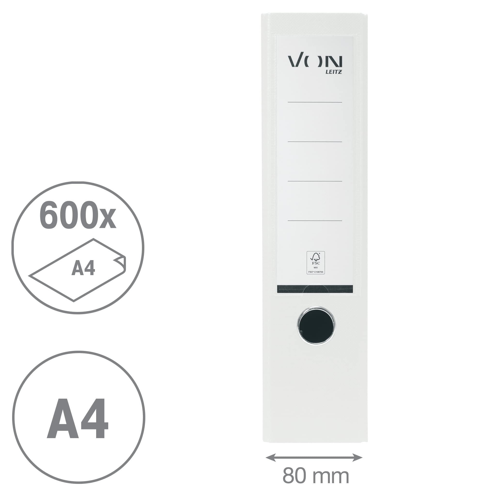 VON Leitz 10550001 segregator A4, opakowanie 20 sztuk, z plastikową okładką, szerokość grzbietu 80 mm, na 600 arkuszy, niebieski anioł i certyfikat FSC, do szkoły, nauki i domu, biały