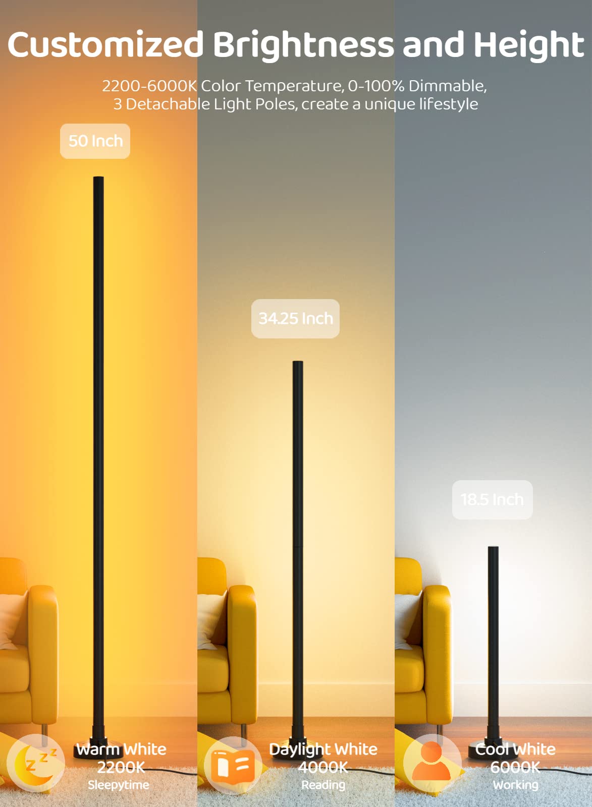 Gaoxun RGBW LED Stehlampe Wohnzimmer, Ecklampe Dimmbar mit Fernbedienung und APP, Alexa und Google Assistant, 16 Millionen Farben, 44 Szenenmodi, Musikmodi, DIY-Modus für Schlafzimmer Gaming, Schwarz