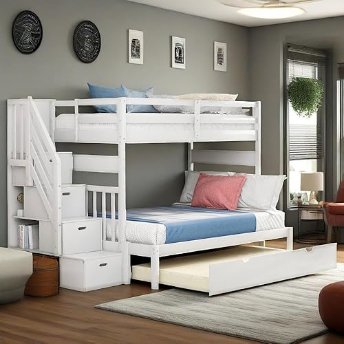 Miniatura 166 de Merax Litera de escalera individual sobre matrimonial con nido, escalera de almacenamiento y barandilla de longitud completa, litera de