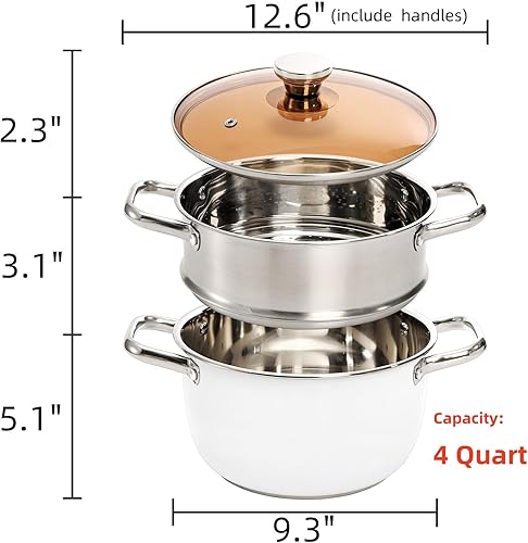 Miniatura 2 de Olla de vapor de 2 niveles con tapa, vaporizador de alimentos de acero inoxidable de 4 cuartos de galón para cocinar, multiusos para verduras,