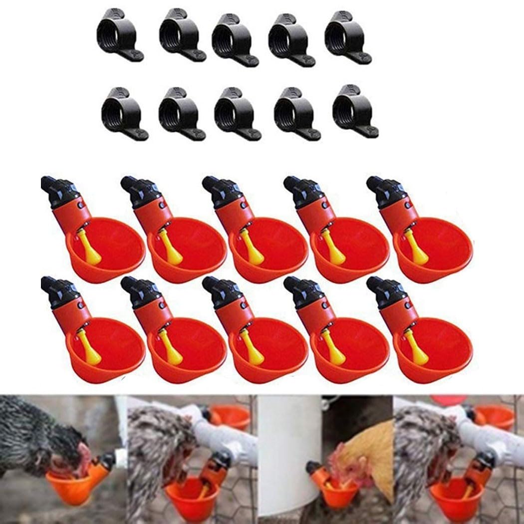 Automatic Poultry Water Drinking Cups, 10 Pack Red Plastic Bird Drinker for Chicken, Fowl and Other Birds, Gravity-Fed Fresh Water Dispenser Compatible with Buc