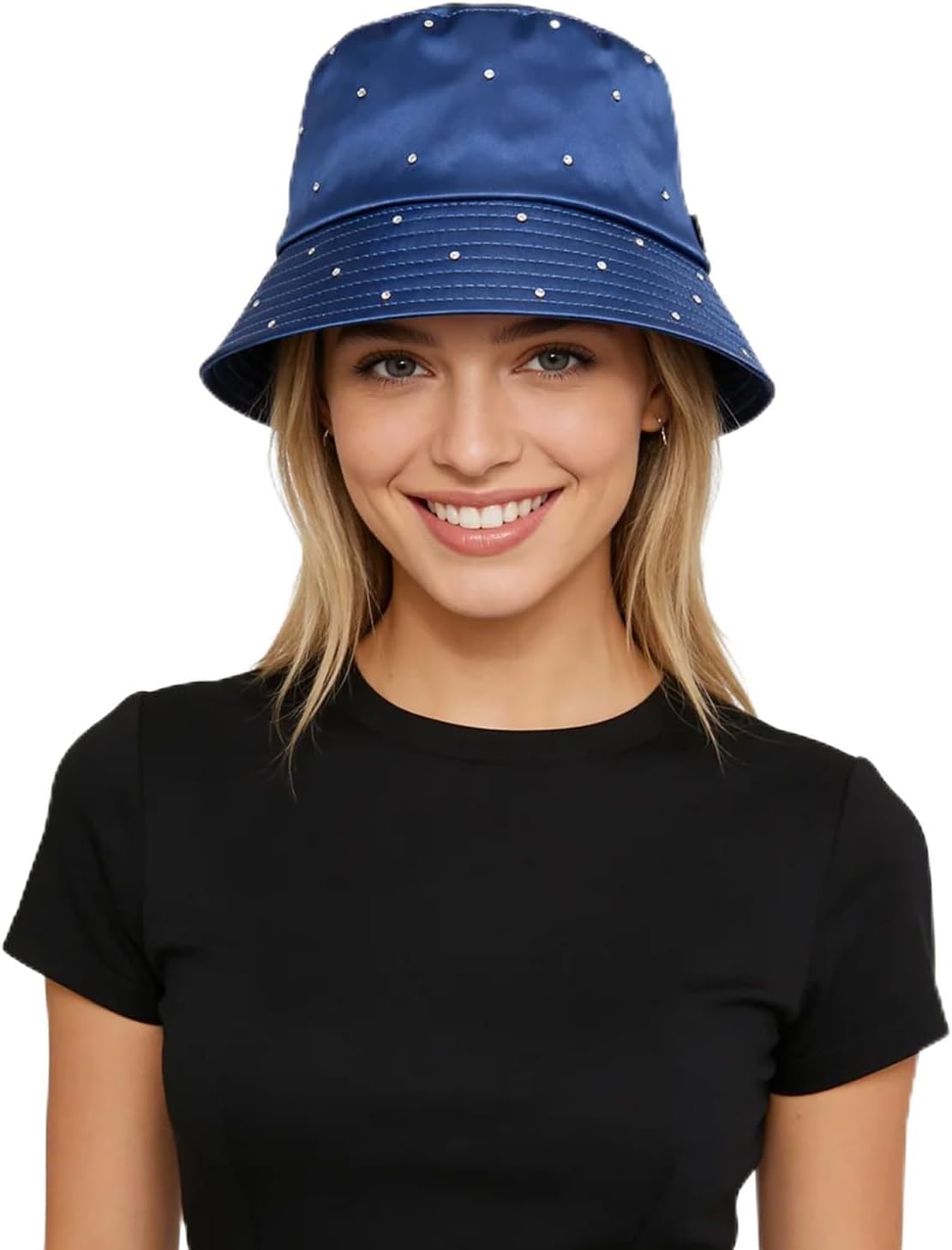 Women Bling Bucket Hat Silky Satin Shiny Rhinestone Bucket Sun Hat Packable Summer Outdoor Fishing Caps for Travel Beach