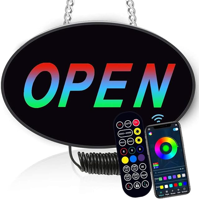 LEADTOPS RGB LED Open Sign, 11.6×7.4inch RGB RF/APP Remote Control Mode Advertisement Board Electric Display Sign,16Modes Light for Business, Walls, Window, Shop, Bar, Hotel,Commissary,Store