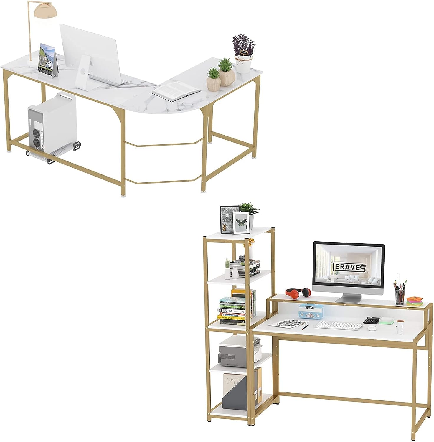 Teraves Reversible L Shaped Desk Computer Desk with 5 Tier