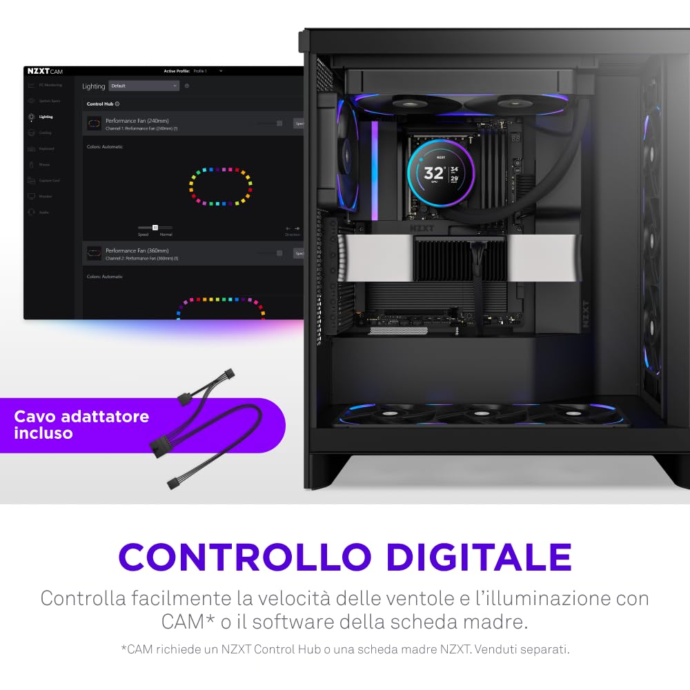 NZXT F280X Ventola Performance Telaio Singolo - 2x 140mm PWM RGB PC - Flusso aria & pressione max - Basso rumore - Telaio & pale LCP - Cuscinetto magnetico fluido - Spessore 30mm - Nero