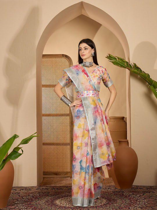 Women multi colour Floral Print Saree, Multicolor, Tissue Fabric, Silver Zari Border, Watercolor Design