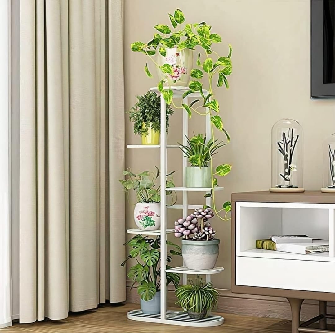 Creation Art Metal 6 Tier 7 Potted Multiple Flower Pot Holder Plant Stand for Balcony Flower Pot Stand for Balcony Living Room Outdoor Indoor Plants Plant Holder Home Decor Item (White)