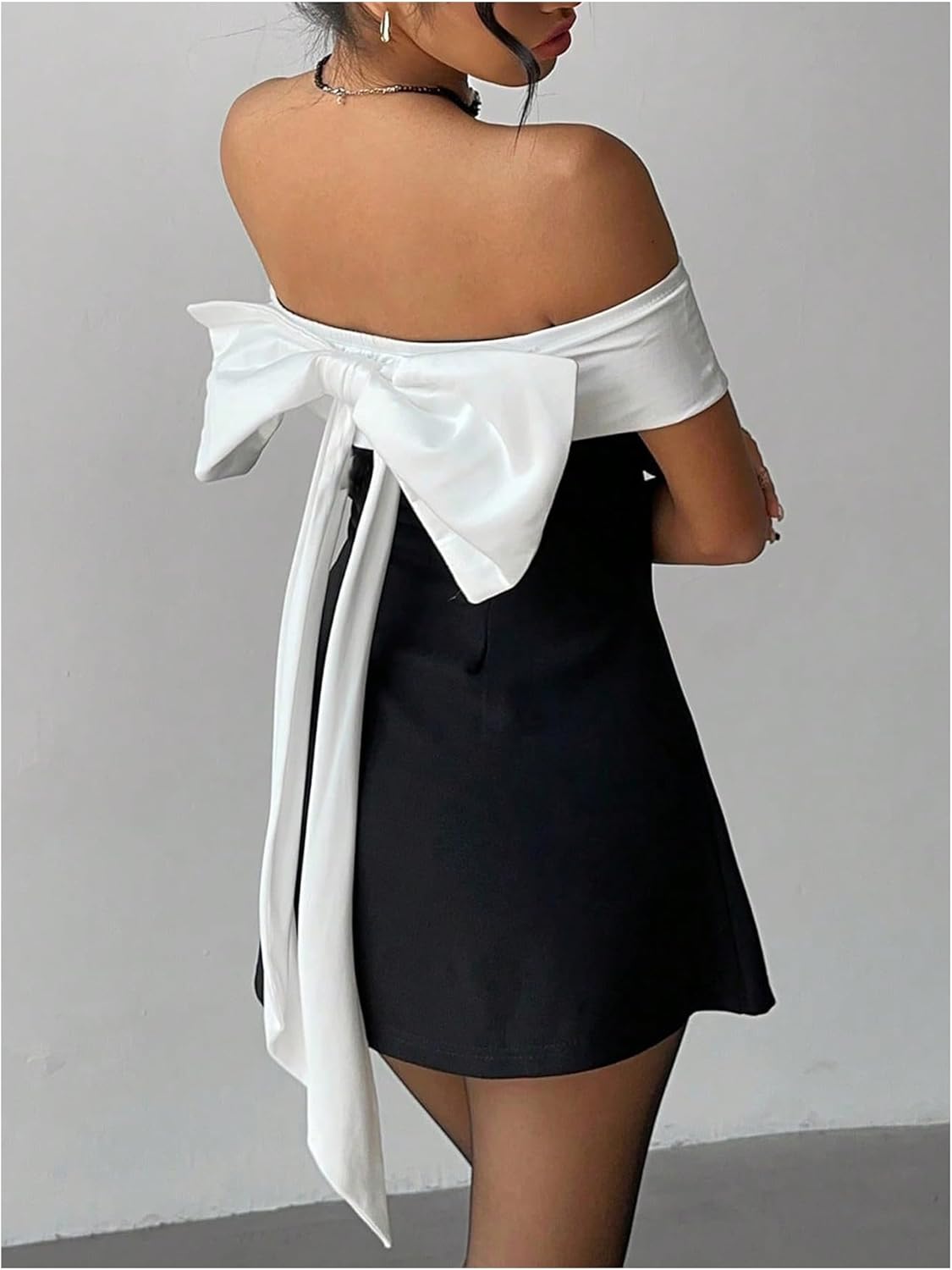 SOLY HUX Women's Bow Wedding Guest Dress Off The Shoulder Short Sleeve A Line Flared Cocktail Party Mini Dresses - Image 4