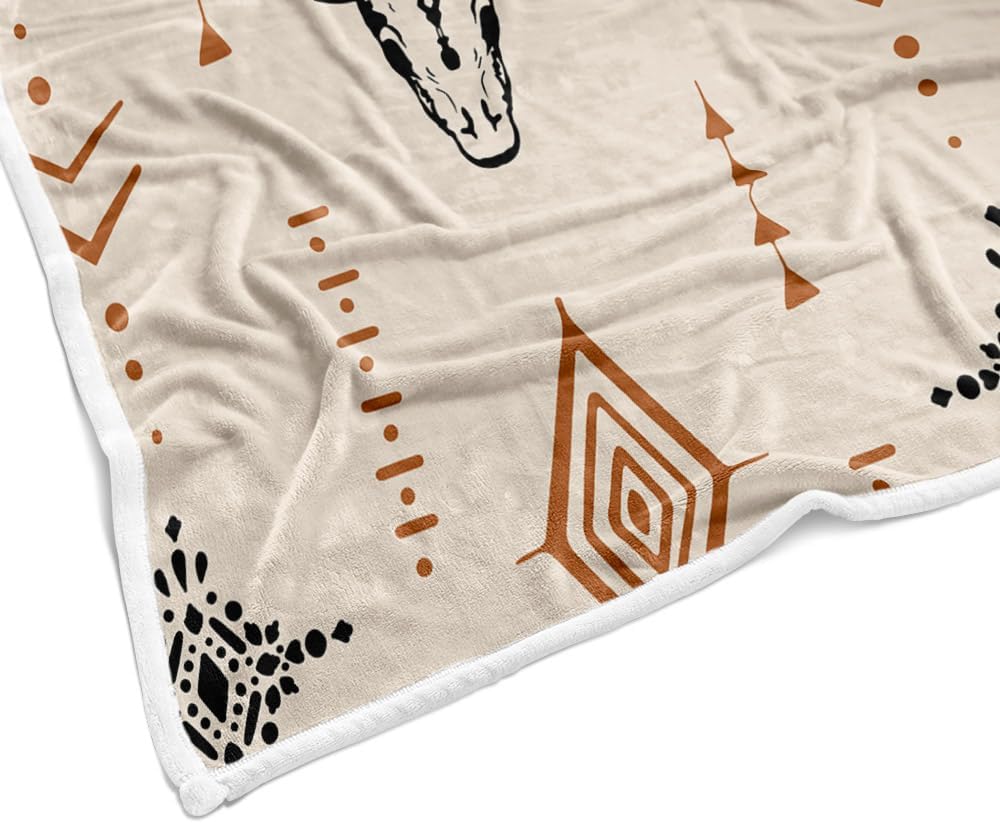 Boho Western Bull Skull Blanket, Beige Southwestern Cow Bohemian Geometric Pattern for Home Decor, Native Aztec Longhorn Head Cowboy Blanket for Couch Sofa Bed Decorative Gifts 50"X60"in