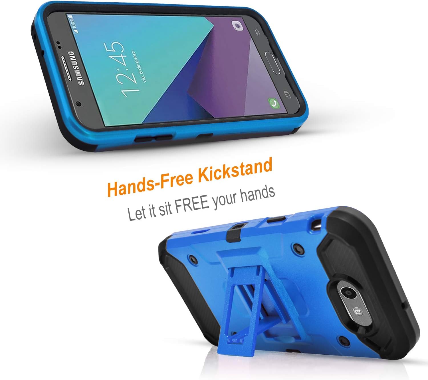 Galaxy J3 Luna Pro/J3 Eclipse/J3 Emerge/J3 Mission/J3 Prime/Express Prime 2/Amp Prime 2/Sol 2/J3 2017 Case, with Tempered Glass Screen Protector, Heavy Duty Cover and Kickstand Belt Clip-Blue