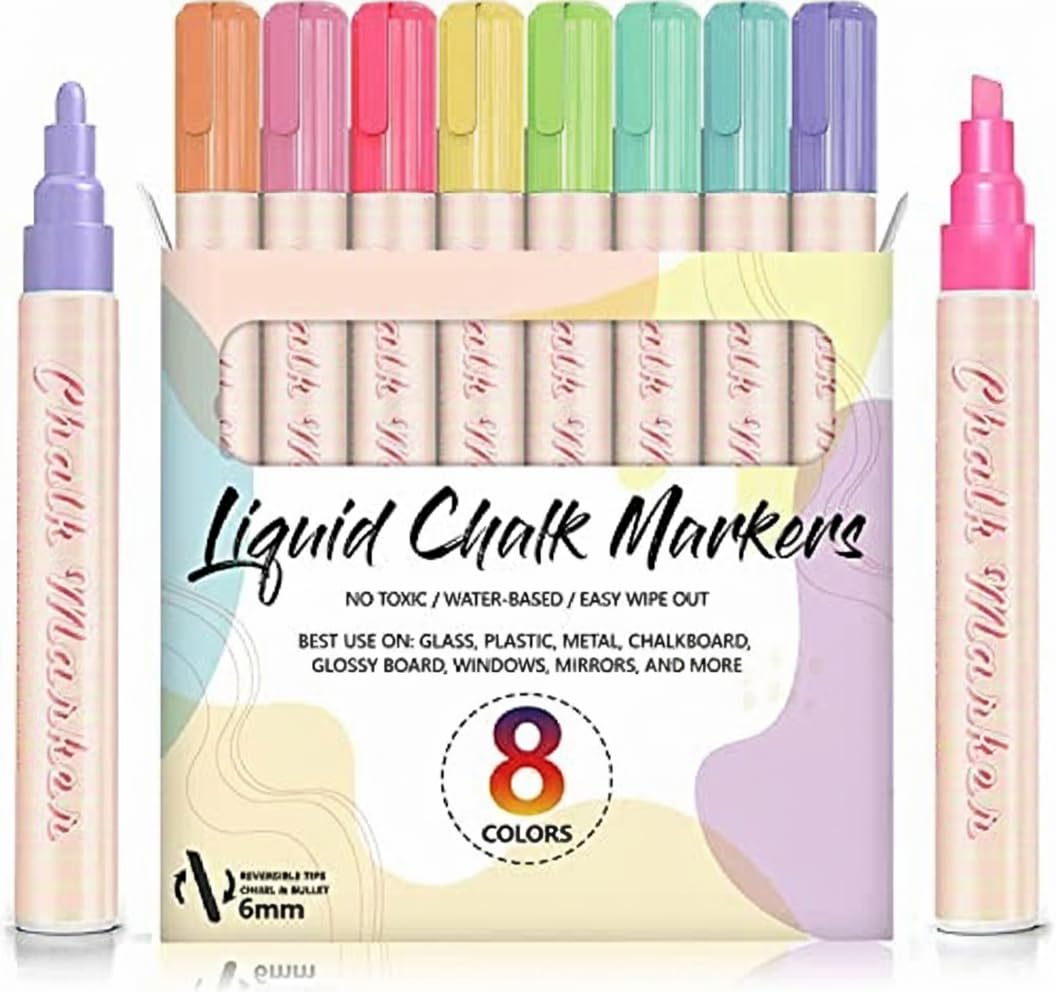 SYOSI 8 Colour Pastel Chalk Pens for Chalkboard, Glass, Mirror, Car Windows, Erasable 6mm Chisel Tip Markers for Drawing, Kids & Adults