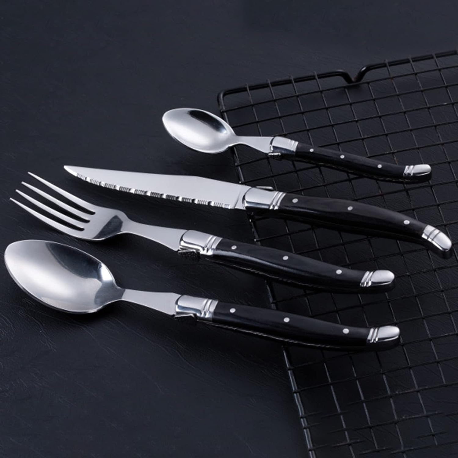 Silverware Set, 24piece Flatware Set With Black Wood