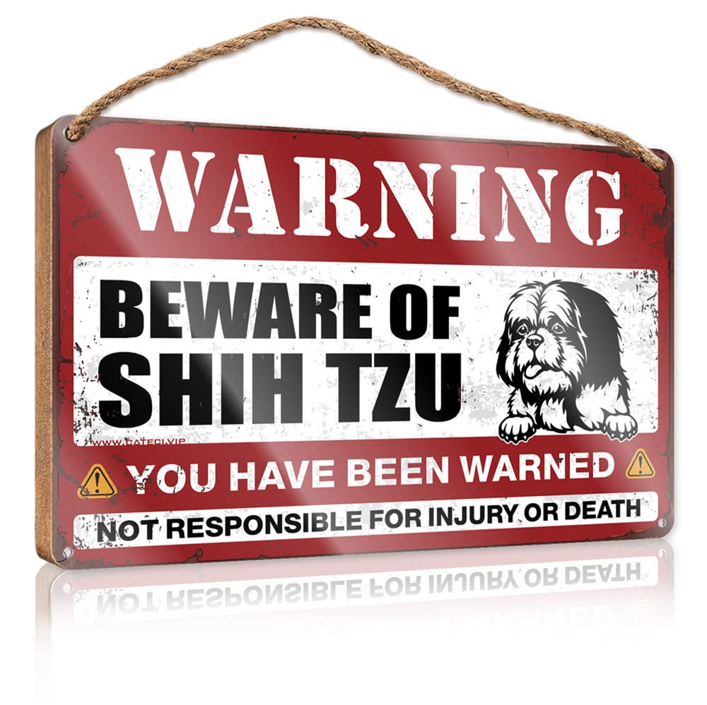 DTHA Sign Wooden Hanging Beware Of Shih Tzu Wooden Sign Kitchen Wall Sign Front Porch Decor(23X35CM)