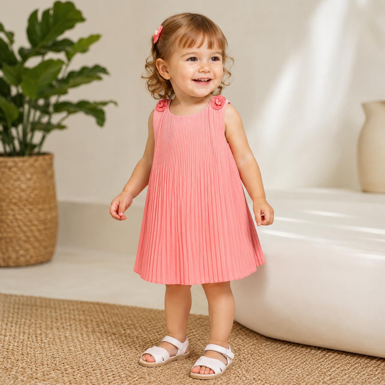 Generico Vestito Estivo Neonata 6-24 Mesi Elegante in Chiffon con Maniche a Volant e Fiocco – Abito Bambina Cerimonia Primavera Estate
