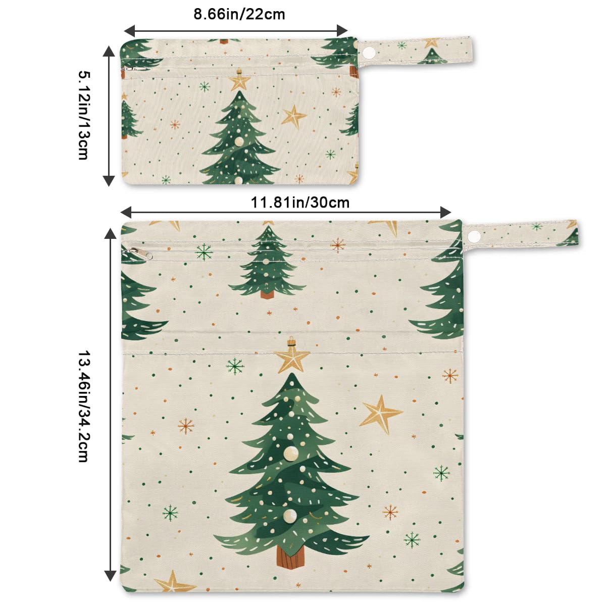2pcs Cloth Diaper Wet Dry Bag with Two Zipper Pocket Waterproof Storage Bag Travel Laundry Bags, Beach, Pool, Breast Pump Parts, Gym Bag for Swimsuits & Wet Clothes for Baby (Scattered Christmas Tree)