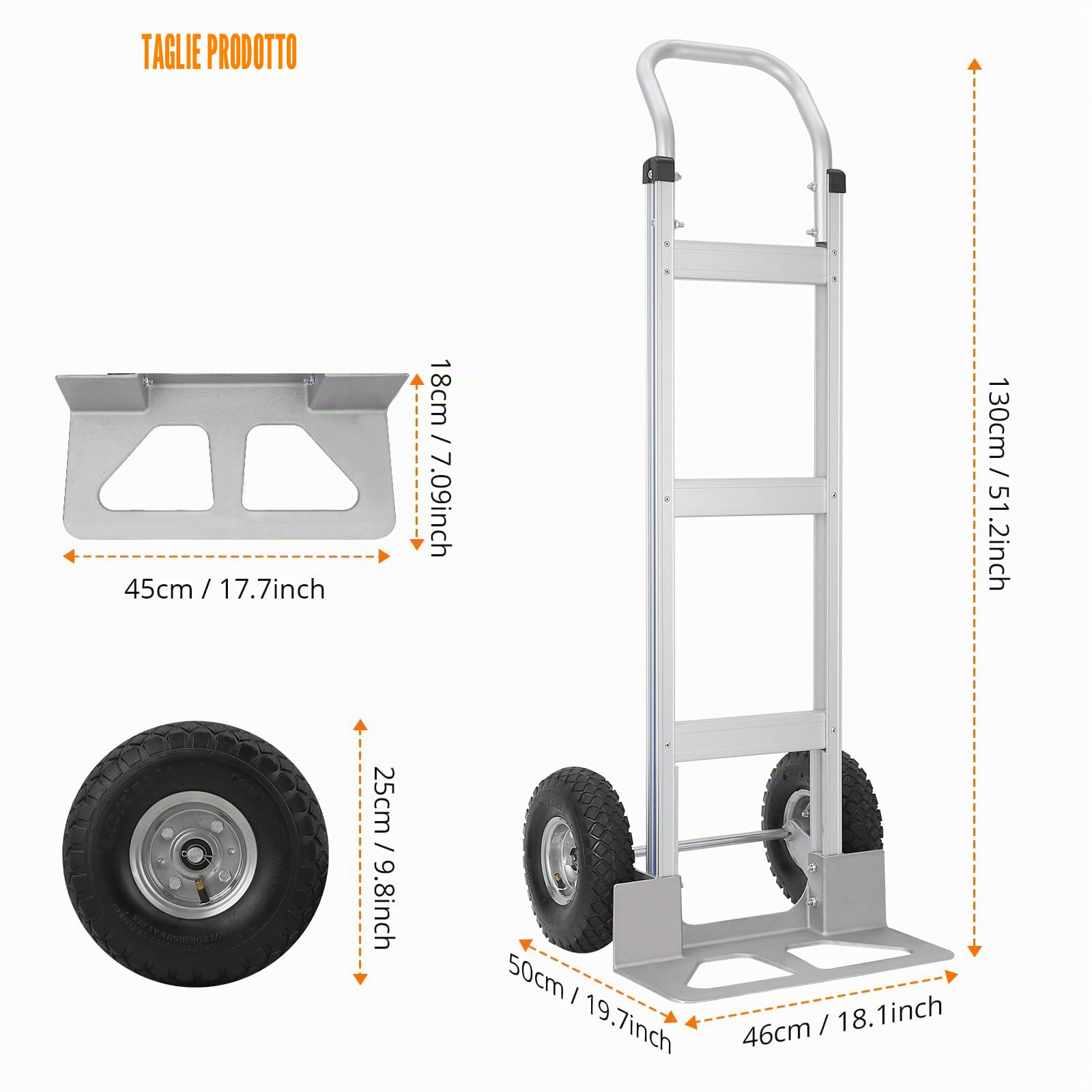 Carrello il trasporto di carichi pesanti da ufficio Piattaforma lega alluminio portata 250 kg maniglia orizzontale ruote gomma da 25 cm pieghevole Ideale per traslochi, pacchi e bagagli