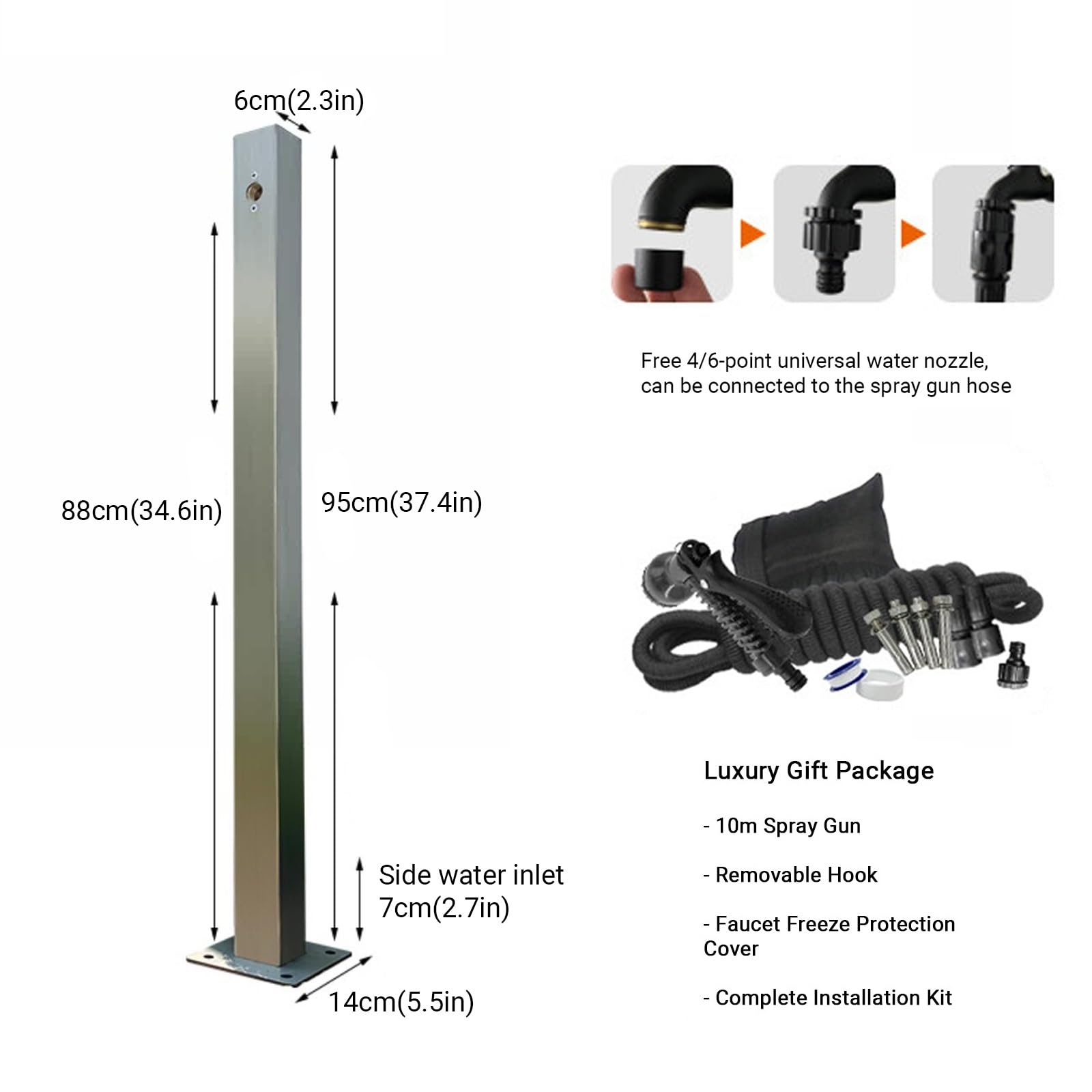 Columna de agua de acero inoxidable 304 para exteriores, hidrante de patio sin heladas, pistola de pulverización de refuerzo de 32 pies, doble salida para riego y limpieza de jardín