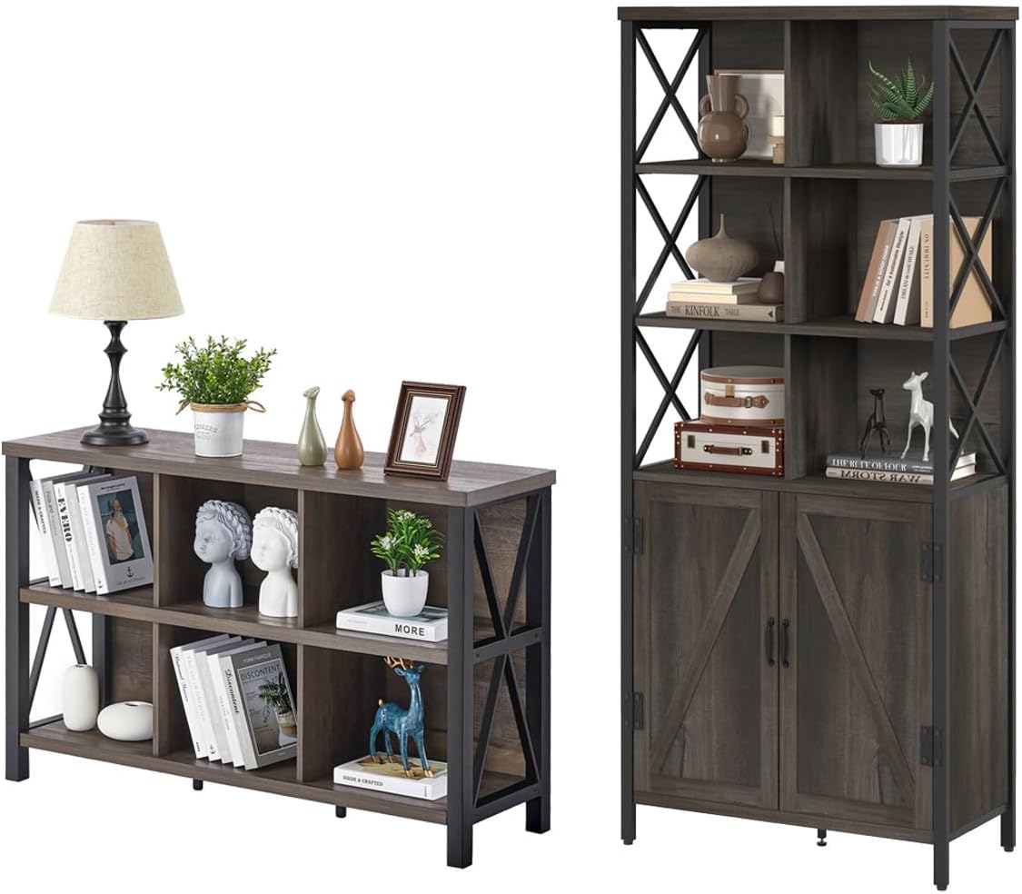 FATORRI Rustic 6 Cube Storage Organizer and Rustic Bookcase with Doors (Walnut Brown