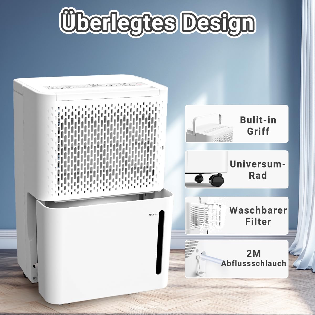 pasapair Dehumidifier-12L in 24h Dehumidification Performance - Electric Dehumidifier for Rooms up to 120 m³ (~20 m²) with 3 Operating Modes, Digital Display, Drain Hose, Timer Against Moisture