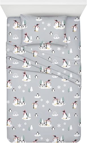 Miniatura 6 de BYSURE Juego de sábanas tamaño individual para niños (pingüino, gris), juego de sábanas de 3 piezas de fácil ajuste con bolsillo profundo, ropa de