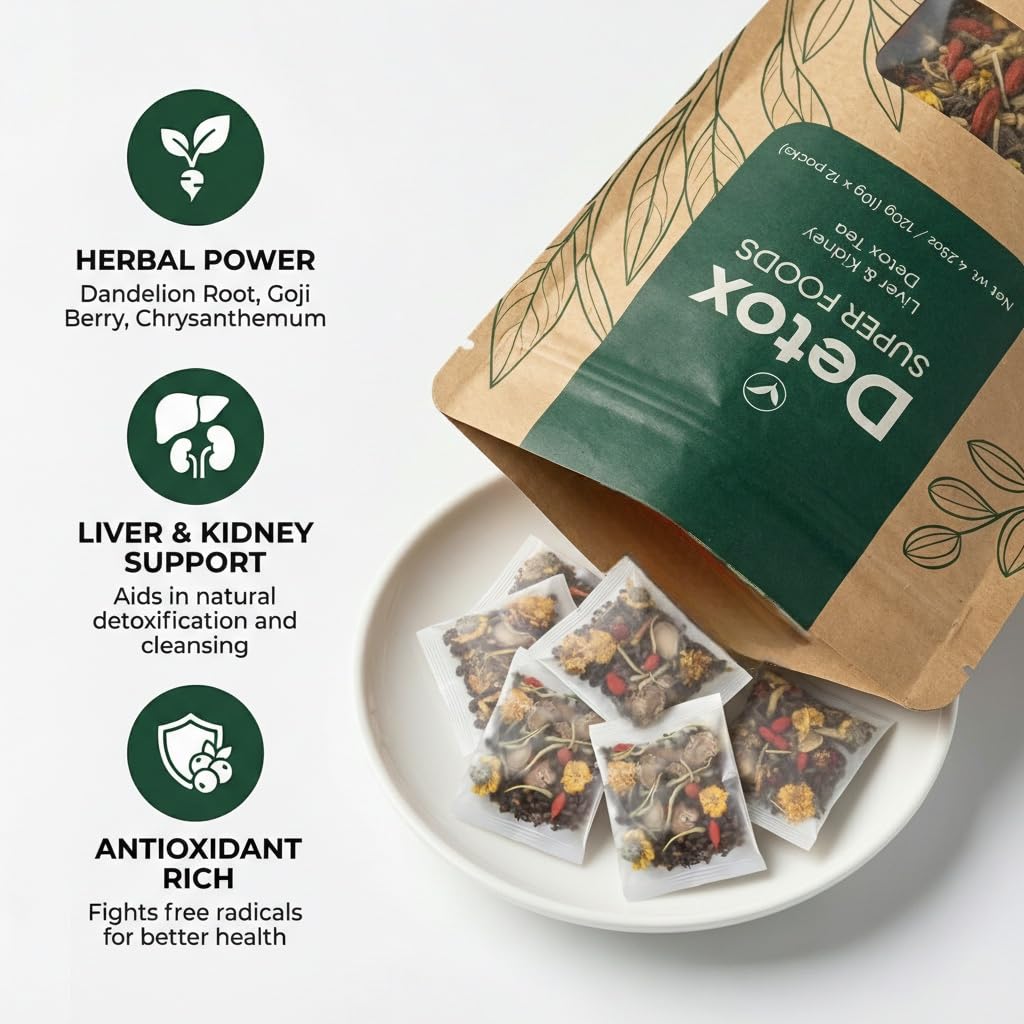 Liver & Kidney Detox Tea, Natural Herbal Blend with Dandelion Root, Goji Berry, Cassia Seed, Orange Peel & Chrysanthemum, Refreshing Daily Wellness Tea – 12 Servings