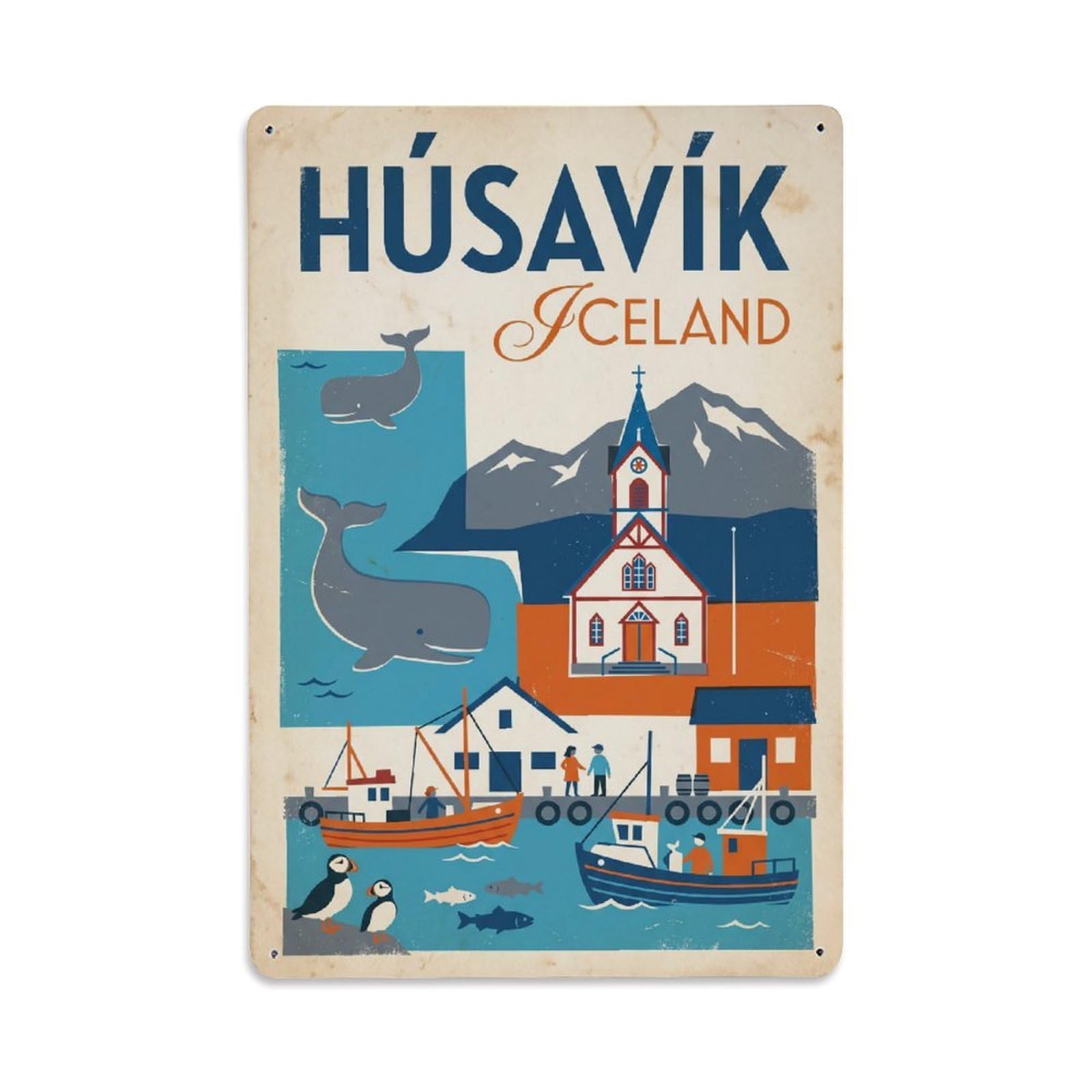 Vintage Travel Husavik Iceland Whale Metal Tin Sign