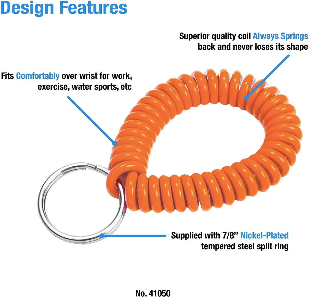 Lucky Line 2” Spiral Wrist Coil with Steel Key Ring, Flexible Wrist Band Key Chain Bracelet, Stretches To 12” Orange, 10 Pack (41050) image 2