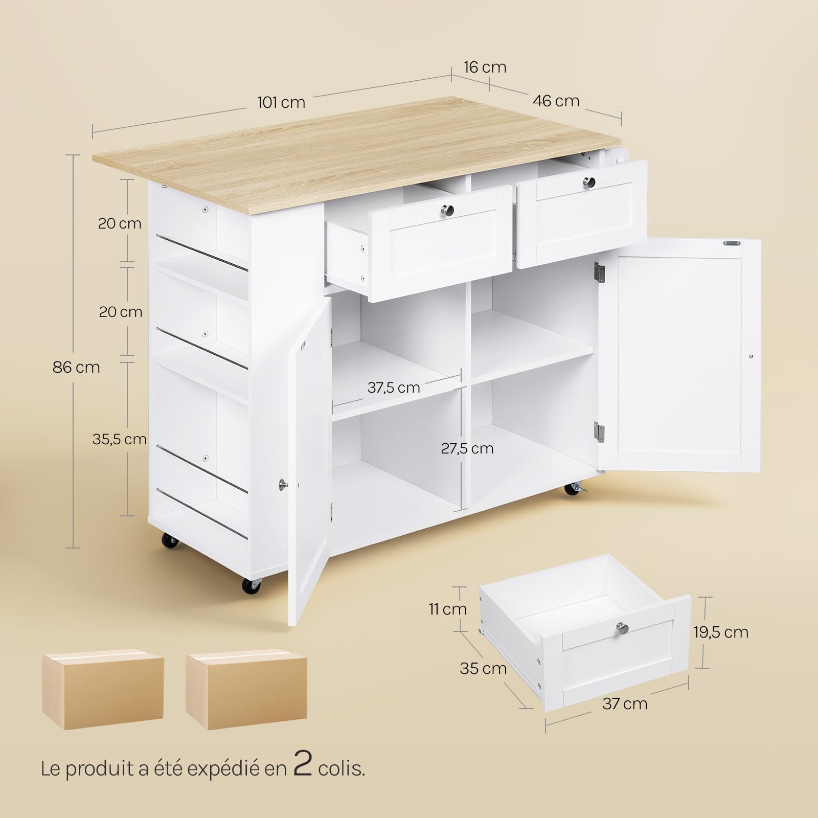 WOLTU Îlot Central Cuisine sur roulettes, Meuble Cuisine avec Plateau Rabattable, Étagère Latérale, Placard avec 2 Tiroirs, 2 Portes et Porte-Serviettes, Chêne Clair + Blanc