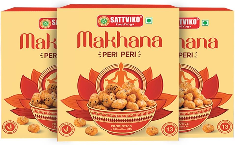 Sattviko Makhana, Lotus Seeds, Roasted Makhana, Peri Peri Makhana FoodYoga, Healthy Snacks, Antioxidant Rich, Fox Nuts, Gluten Free Diet Food, Vegan Snacks, Diwali Gifts (Peri Peri, Pack of 4)