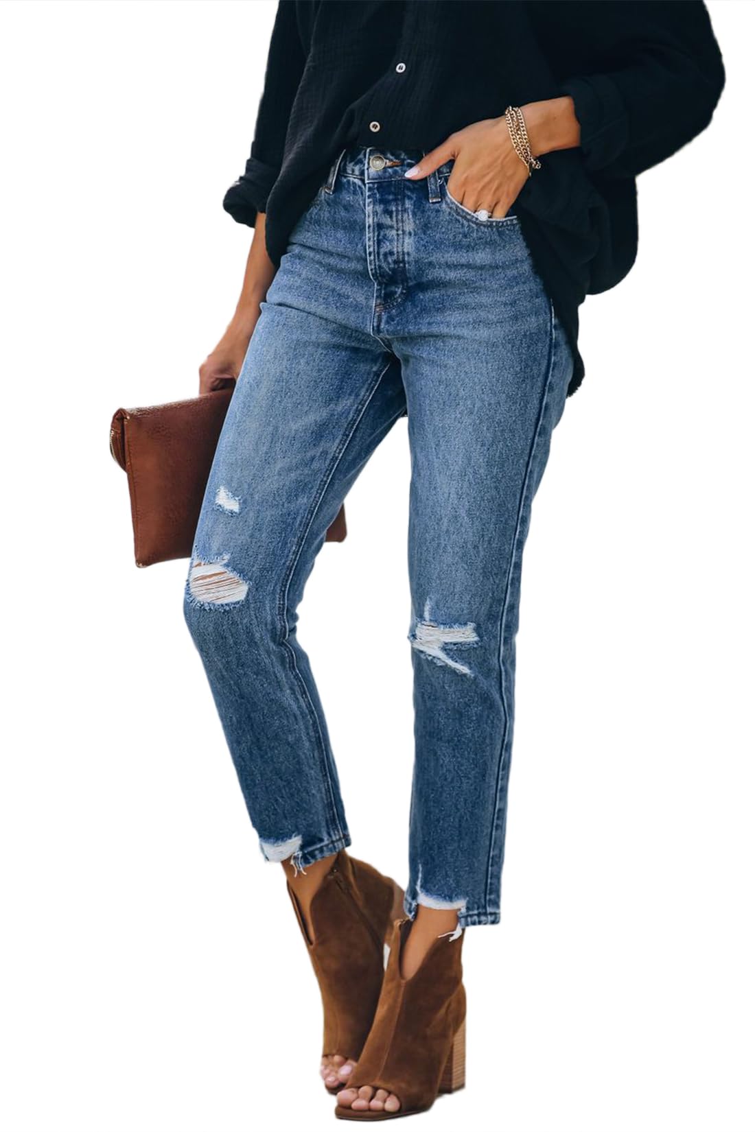 Lesore Womens High Waist Stretch Distressed Jeans Destroyed Denim Pants