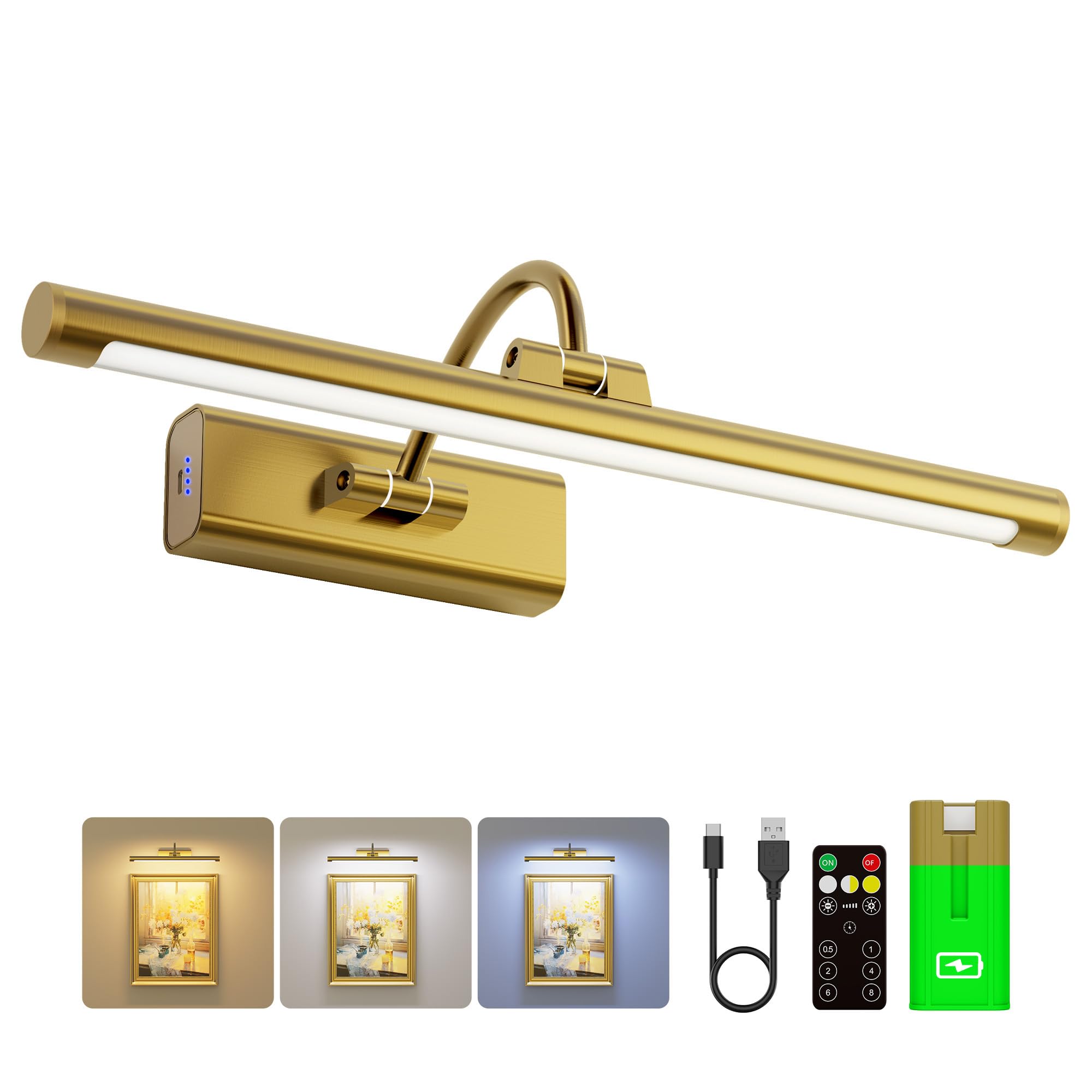 Craftersmark 16" Gallery Picture Light with 1pcs Extra 6000mAh Battery- Brass Cordless Rechargeable Wall Sconce with Remote for Library, Study Room, Art & Renter Use — image 1